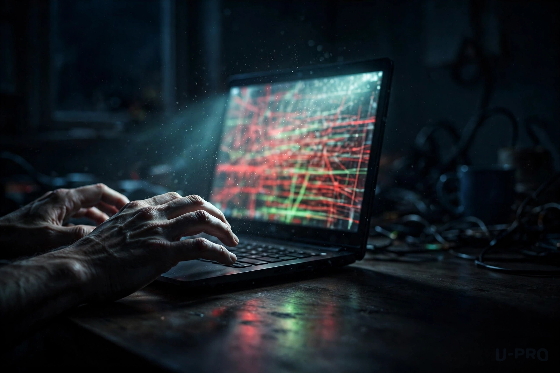 Hands frozen above a keyboard in a dark home office, laptop screen showing a dense red-and-green diff