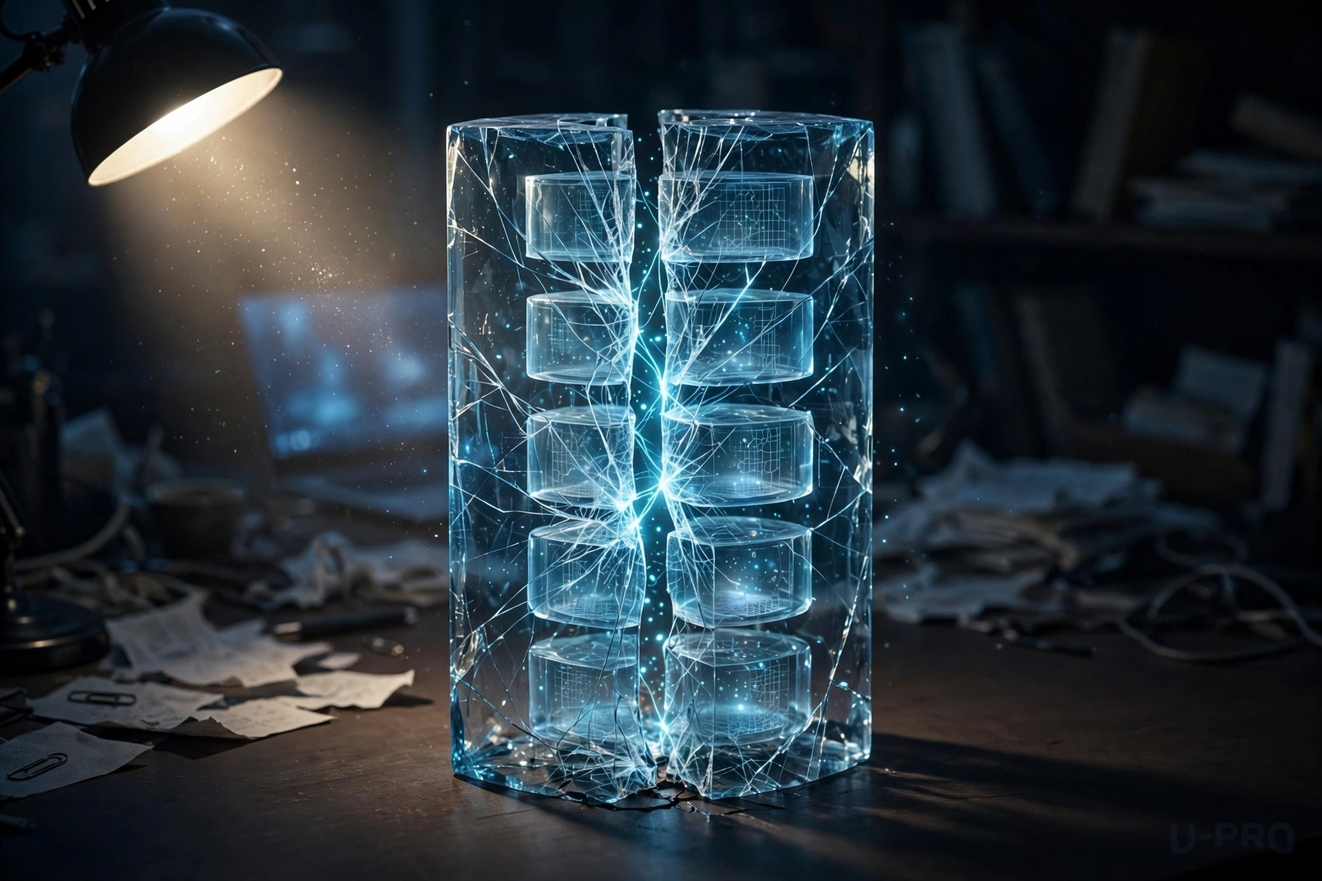 A glowing database structure cracking apart into separate isolated chambers