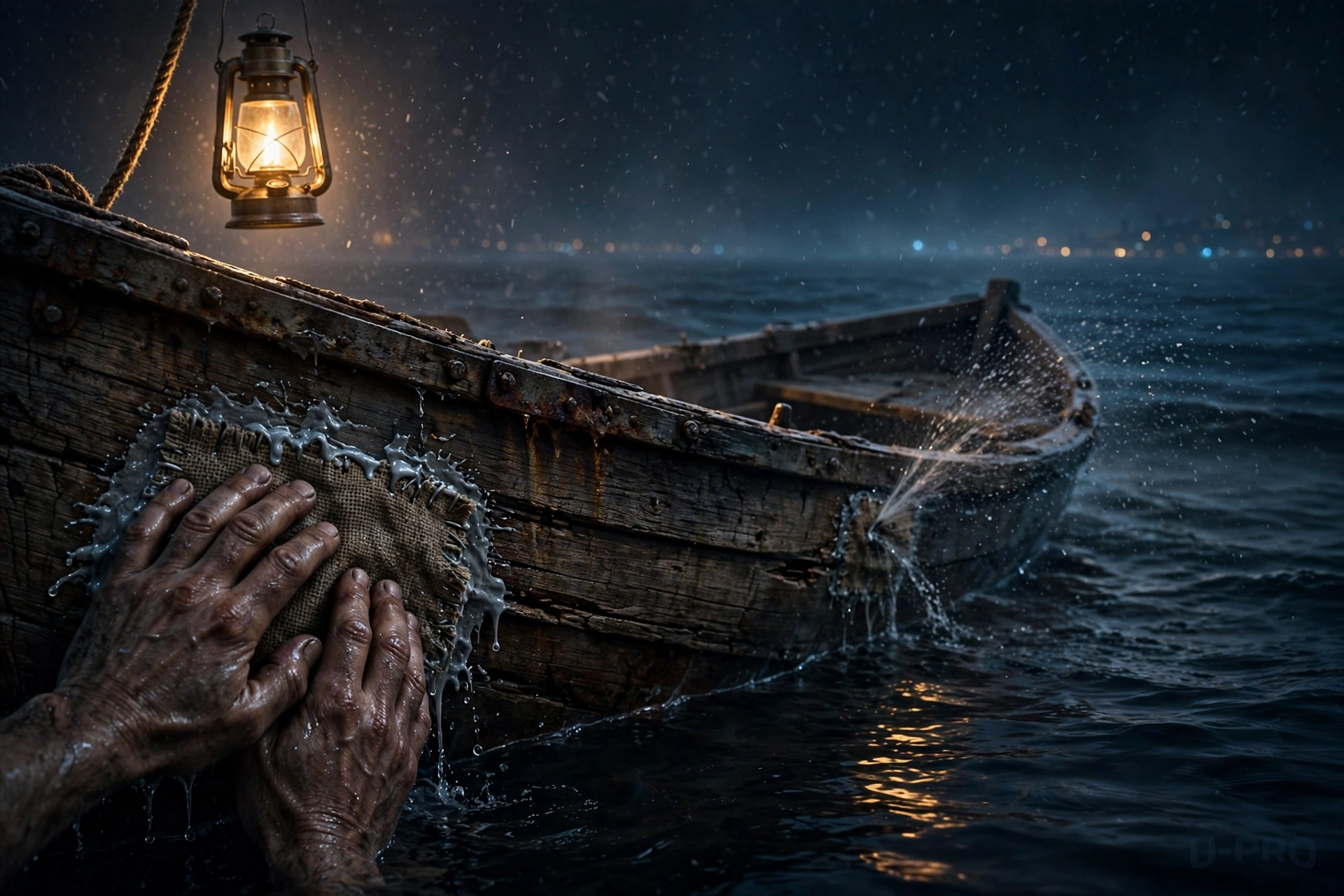 Weathered hands pressing a patch against a cracked wooden boat hull at night, lit by a single lantern, while the boat still sits in dark water