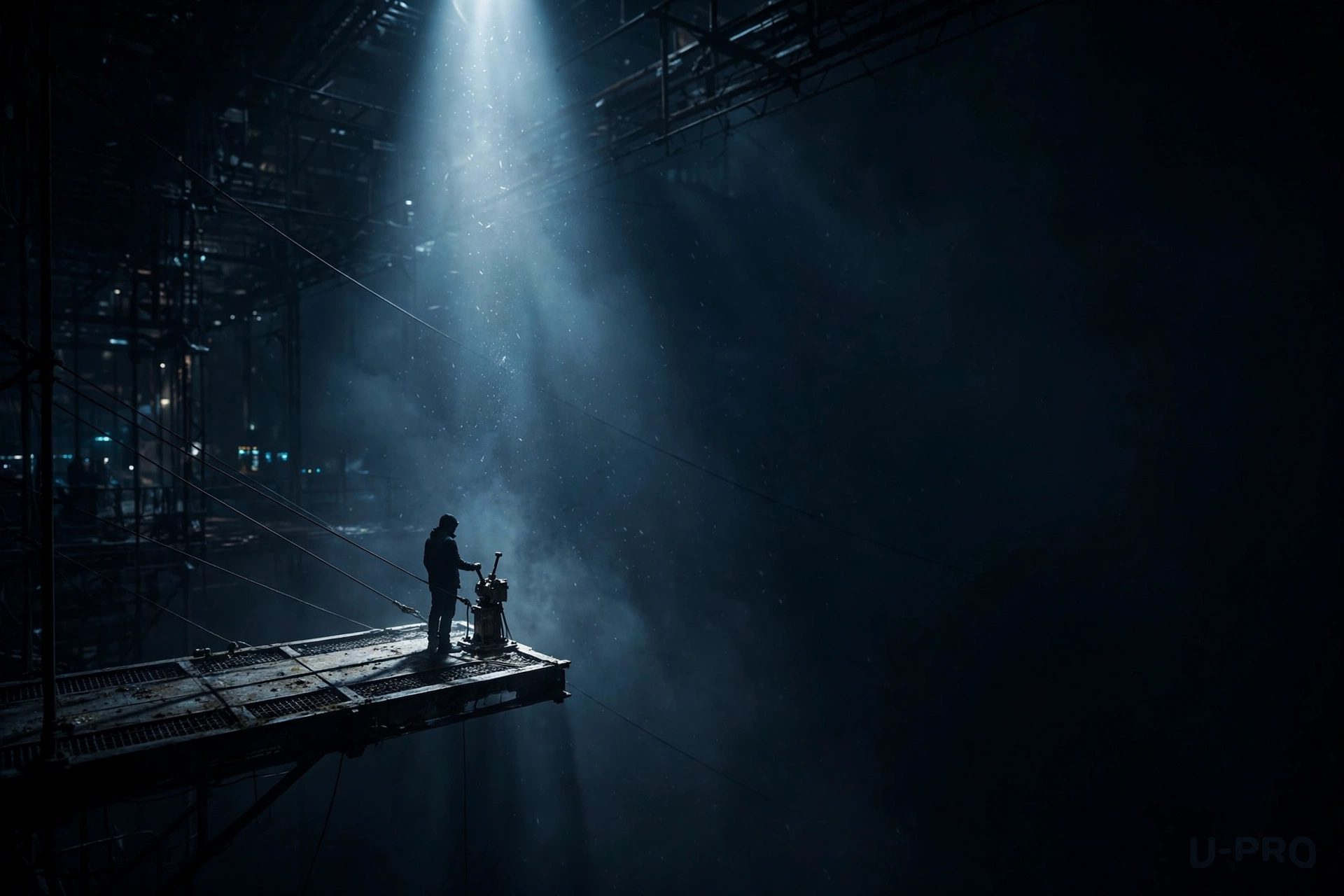 A lone silhouette standing at the edge of a narrow catwalk suspended over a dark void, one hand resting on a control lever
