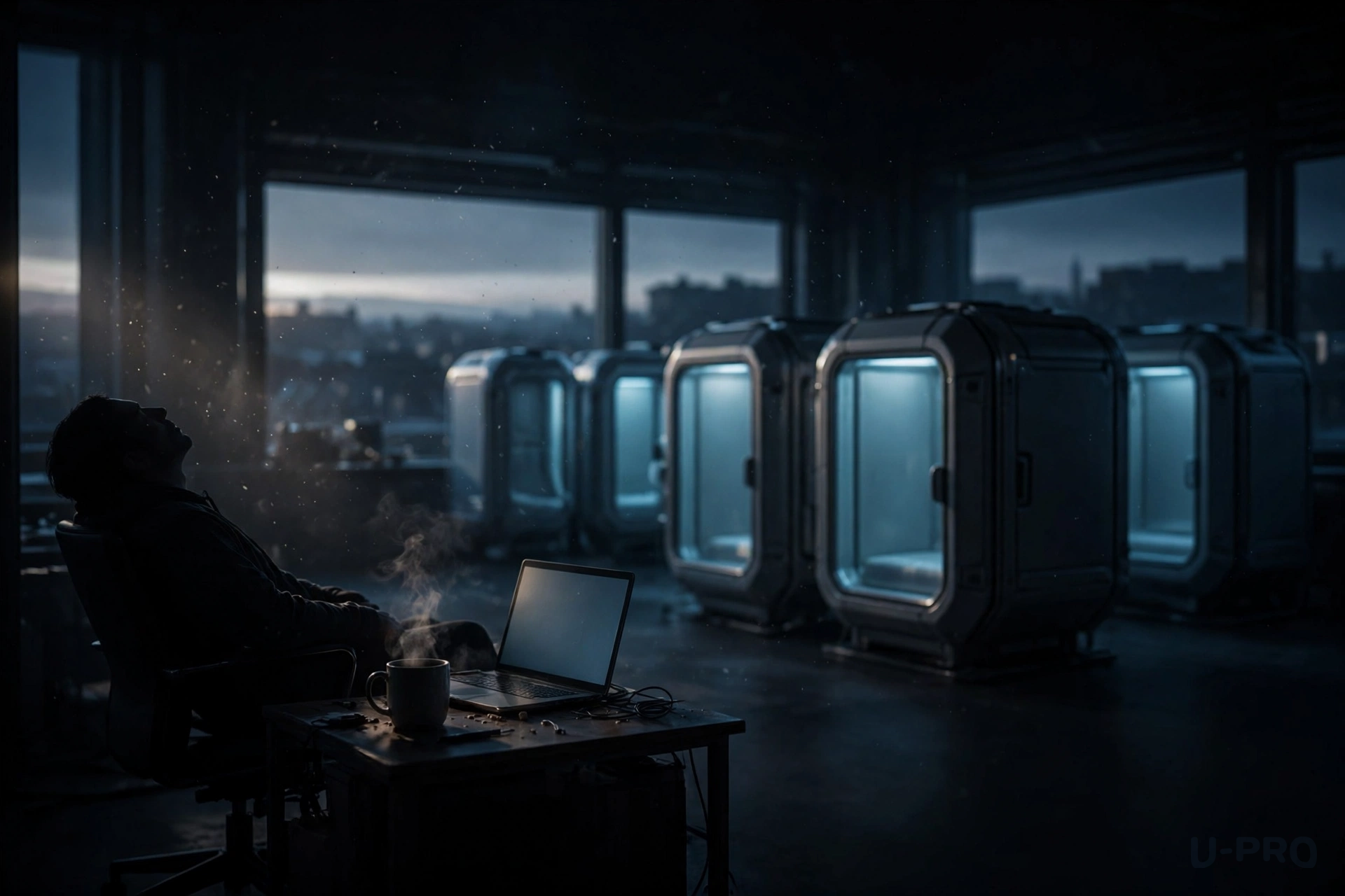 A weary figure resting in a chair as pale dawn light begins to break, beside a now-quiet laptop and several sealed, stable chamber-like structures