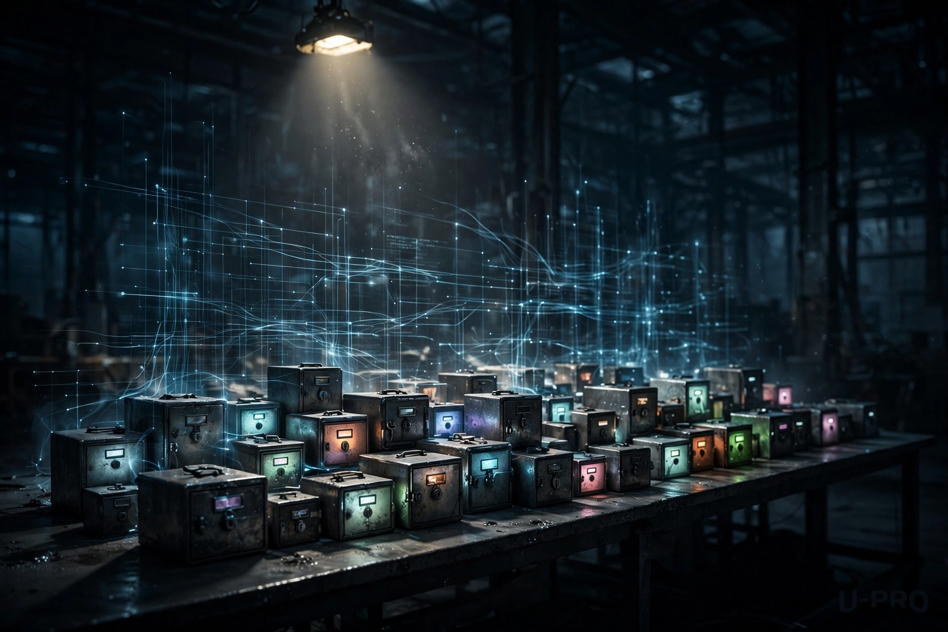 A translucent glowing database structure cracking apart into separate isolated chambers, near-total darkness