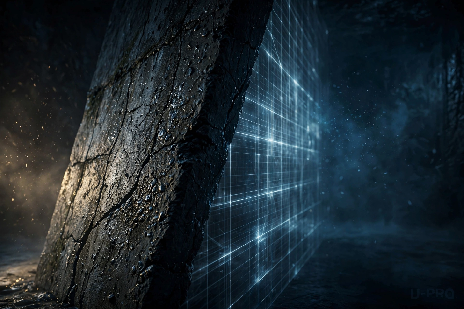 A wall split diagonally between rough concrete and a shimmering wall of glowing rule-lines, near-total darkness