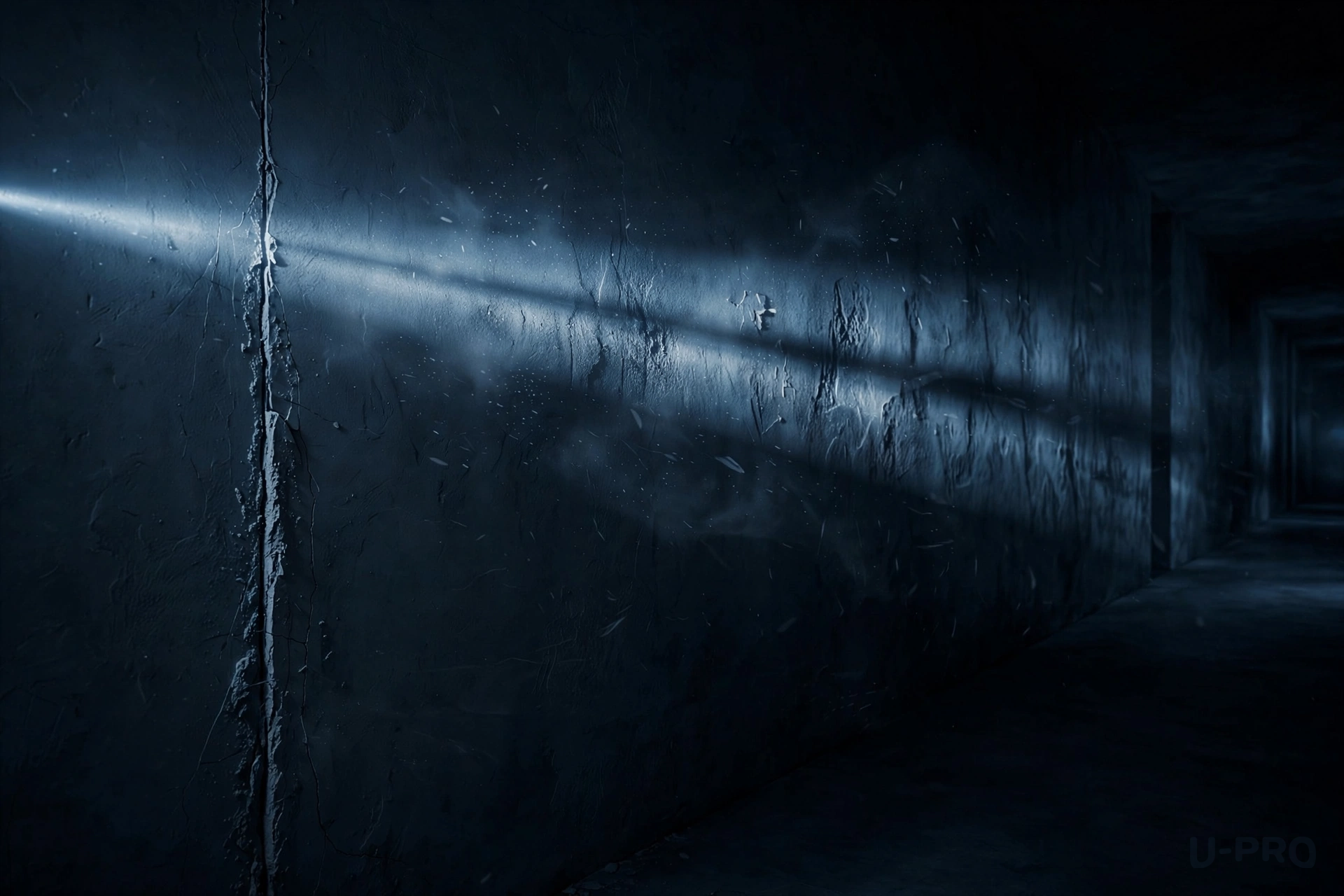 A faint seam hinting at a hidden, unmarked door in a massive featureless wall, near-total darkness