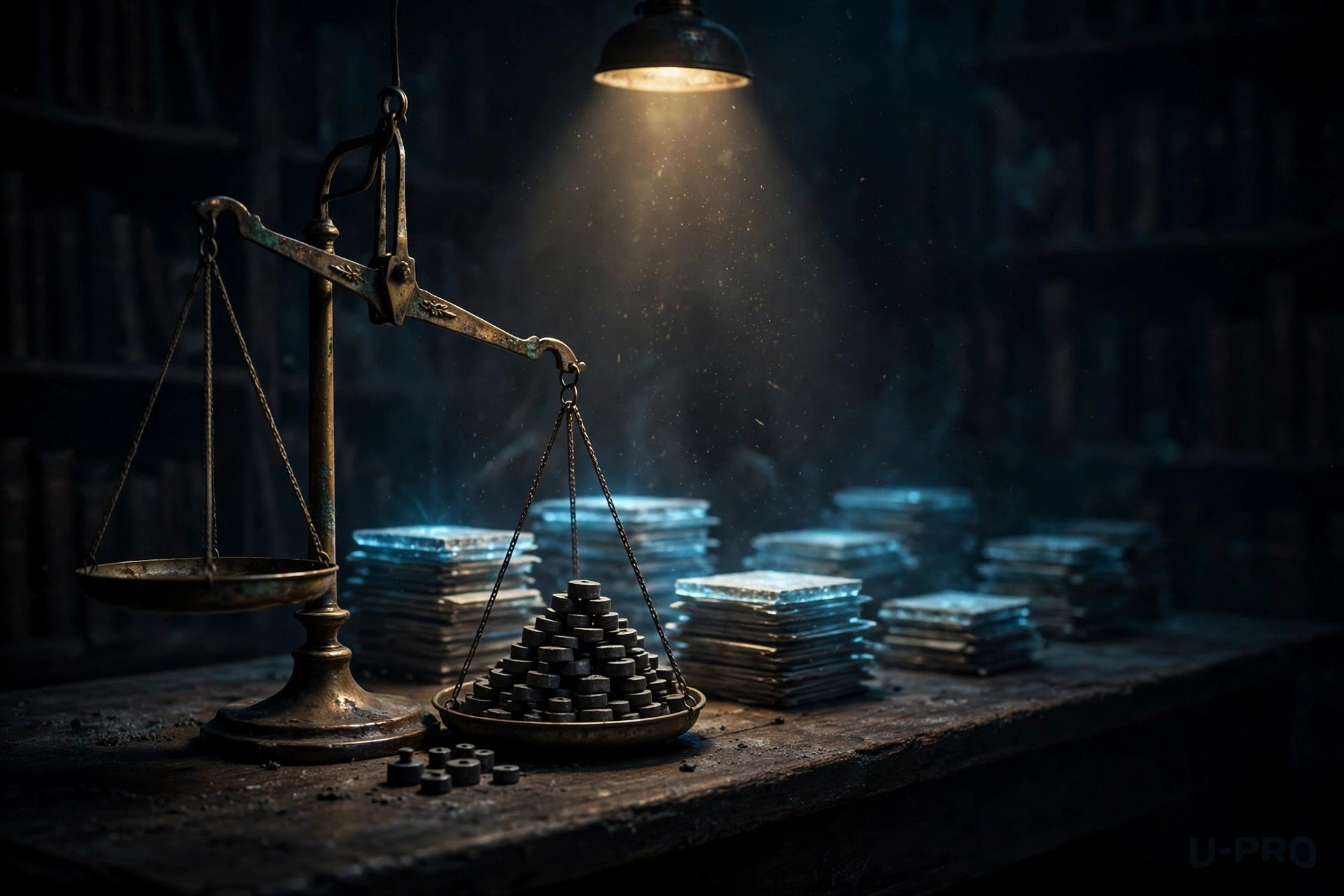 An antique balance scale tipping under a growing pile of small dark weights, near-total darkness