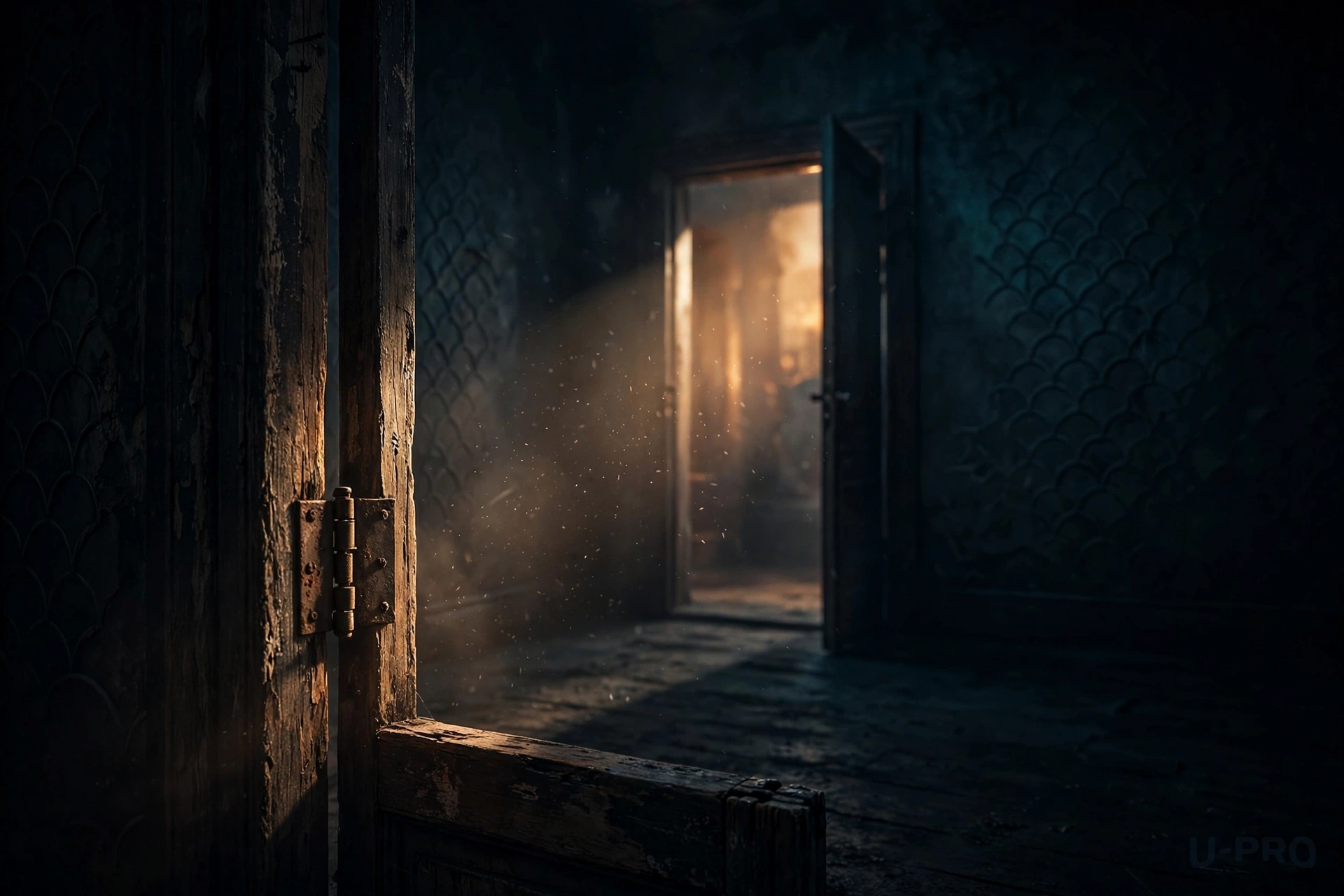 A doorway standing slightly ajar, a sliver of warm light spilling through into a dim room, near-total darkness