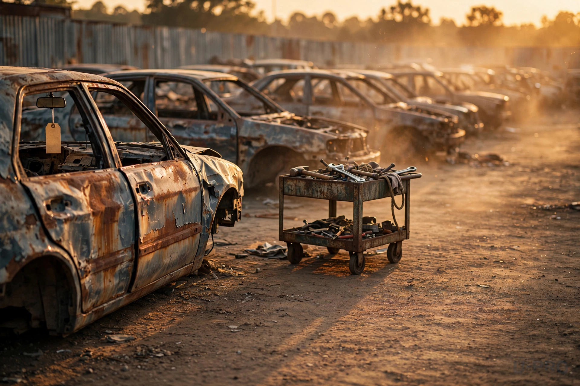 A single wrecked car body in an outdoor salvage yard at golden hour, a price tag hanging from the mirror