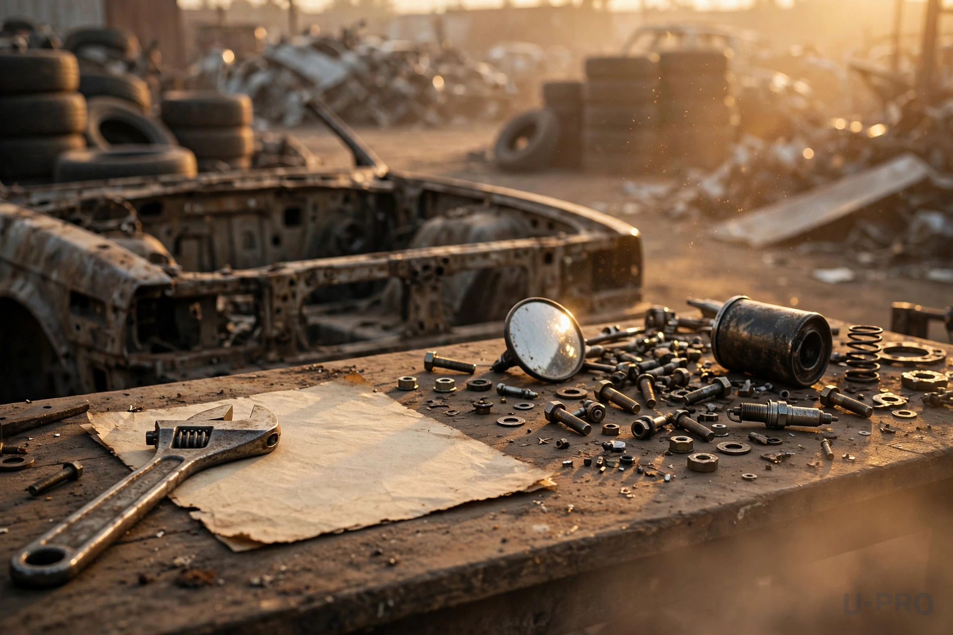 A single weathered invoice slip beside dozens of small disassembled car parts spread on a workbench, golden-hour light