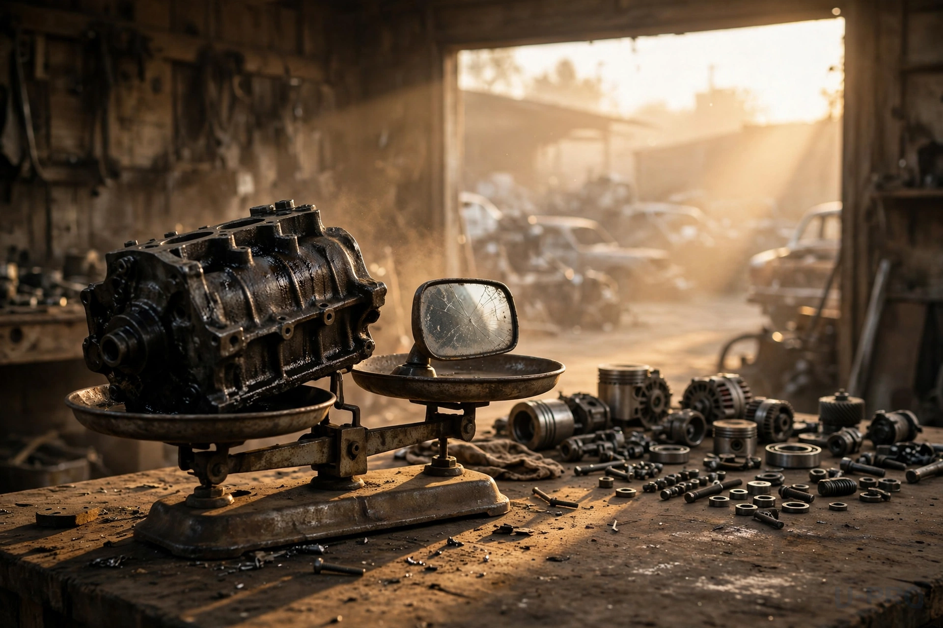 An old balance scale, one side weighed down by a greasy engine block, the other holding a small cracked mirror, golden-hour light