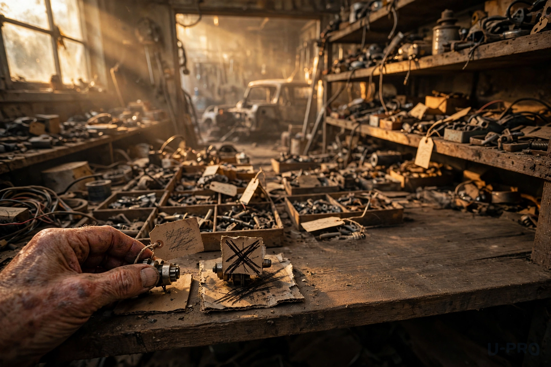 A weathered hand placing a hand-tagged part on a cluttered shelf beside another crossed-out part, golden-hour light