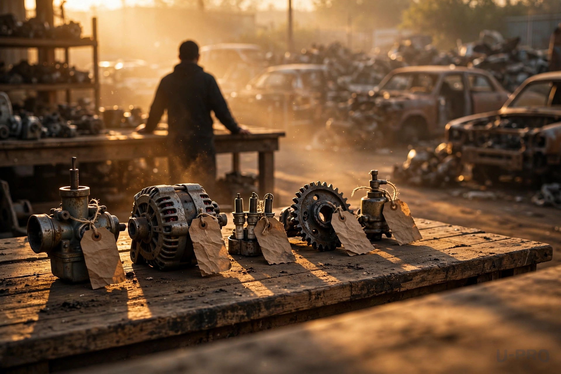 A neat row of salvaged parts with handwritten price tags at day's end, a figure quietly surveying the shelf, golden-hour light