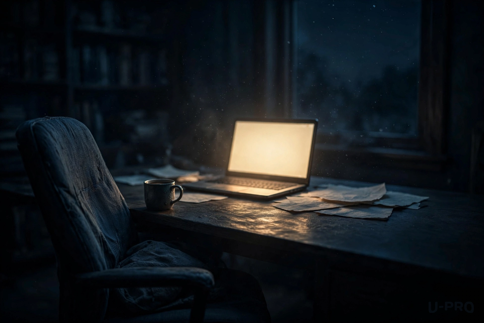 An empty chair pushed back from a desk at night, a laptop glowing alone in a quiet home office