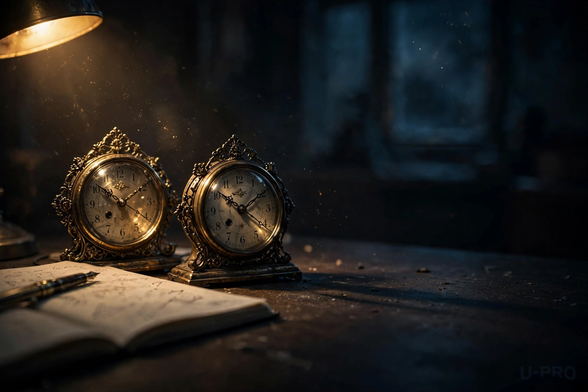 Two ornate clock faces side by side on a desk, their hands pointing to different hours, warm lamp glow at night