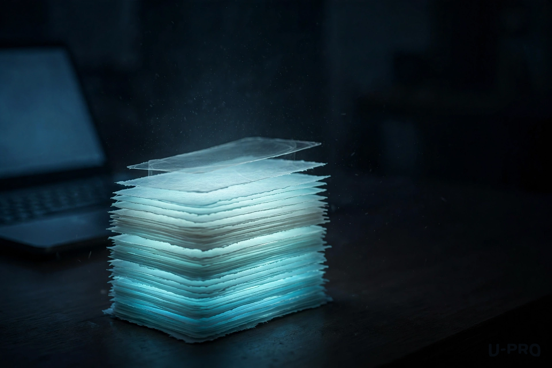 A tall stack of translucent glowing cards on a desk at night, one card near the top faint and hollow compared to the rest