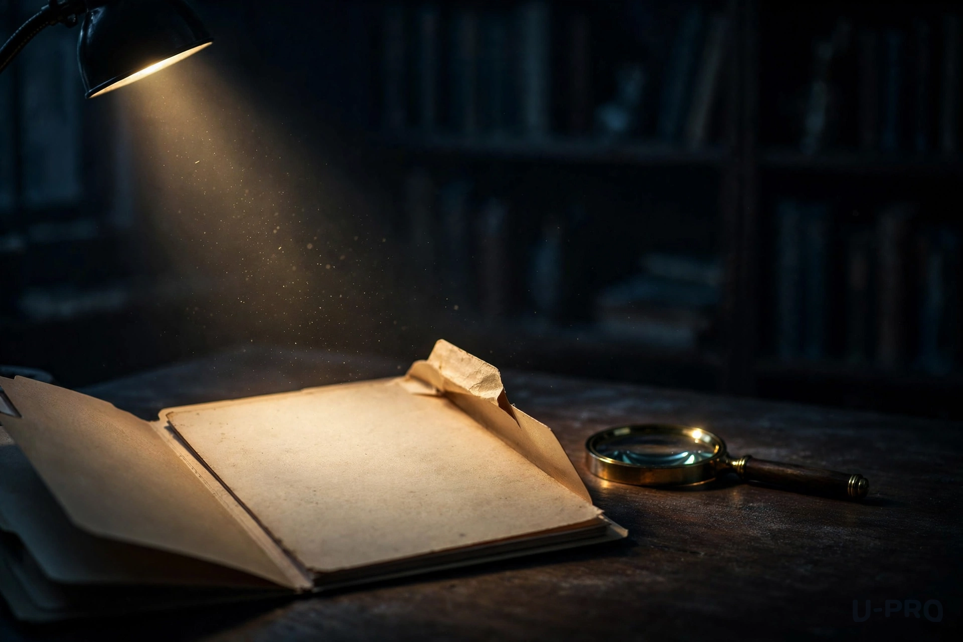An open folder revealing a blank, empty page under a narrow lamp beam, a magnifying glass resting nearby at night