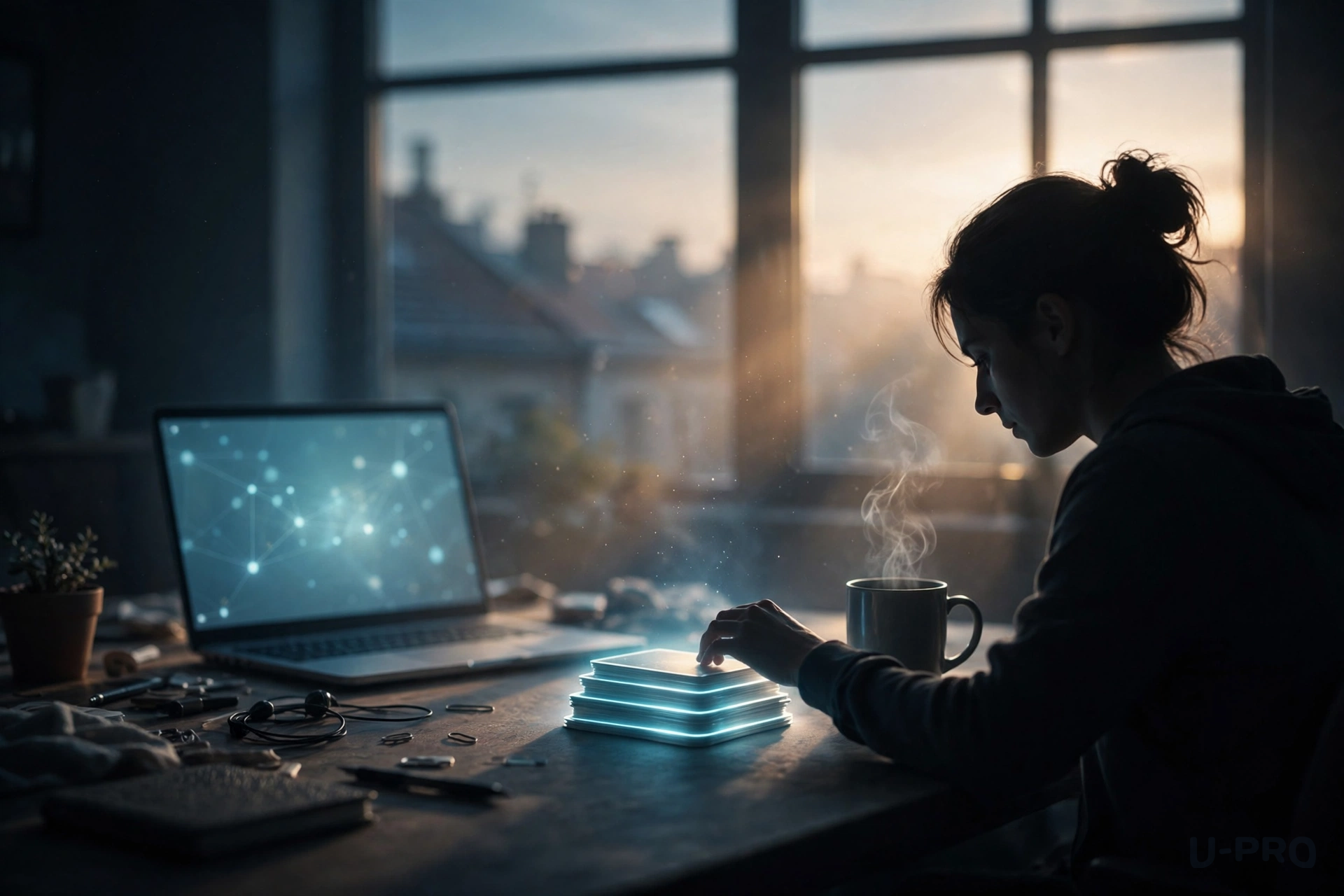 A person's silhouette sitting down at a desk as pale dawn light breaks, reaching toward a stack of calmly organized glowing cards